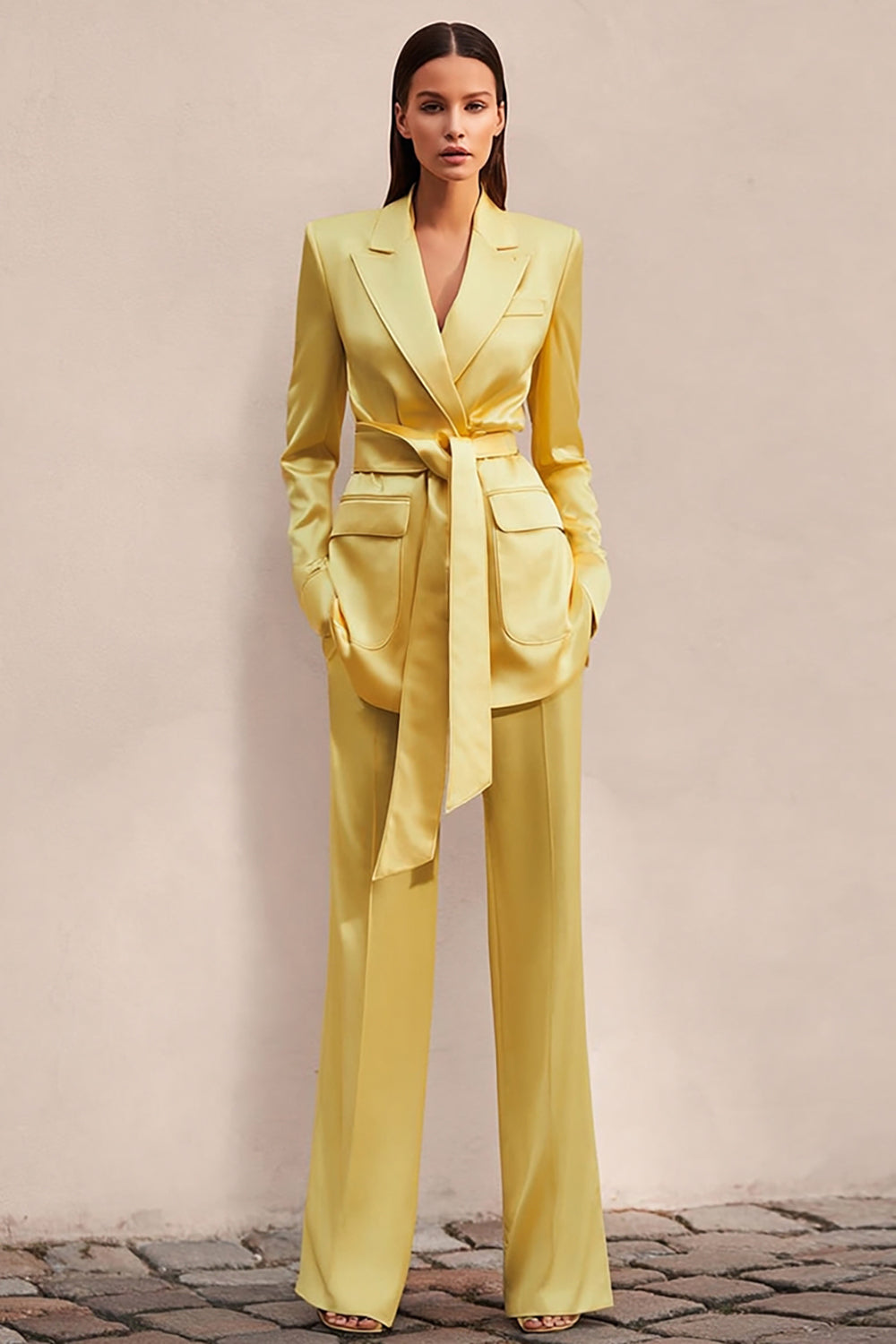 Daffodil Satin 2 Piece Long Sleeves Business Suits with Sash