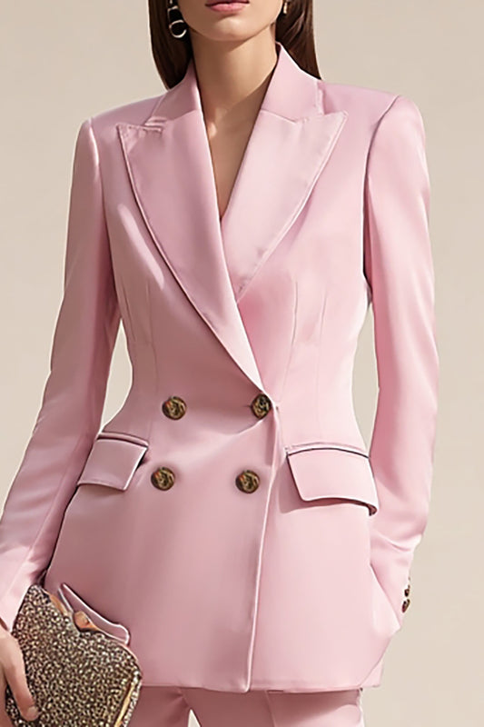 Pink 2 Piece Satin Peak Lapel Business Suits with Sleeves