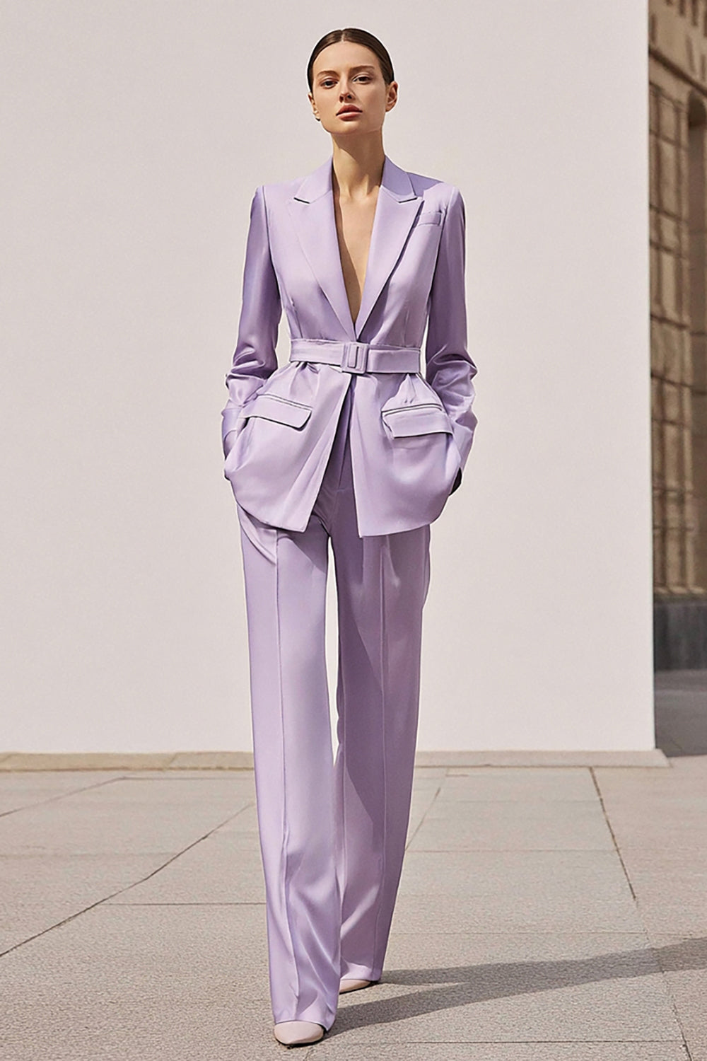Lilac Satin Notched Lapel 2 Piece Long Sleeves Business Suits with Belt