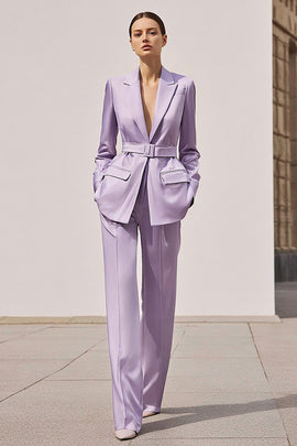 Lilac Satin Notched Lapel 2 Piece Long Sleeves Business Suits with Belt