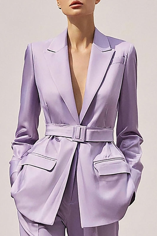 Lilac Satin Notched Lapel 2 Piece Long Sleeves Business Suits with Belt