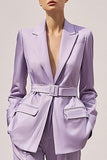 Lilac Satin Notched Lapel 2 Piece Long Sleeves Business Suits with Belt