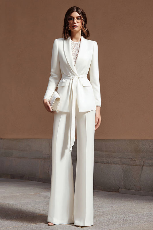 Ivory Shawl Lapel 2 Piece Wide Leg Business Suits with Sash
