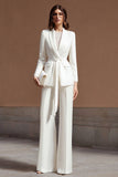 Ivory Shawl Lapel 2 Piece Wide Leg Business Suits with Sash