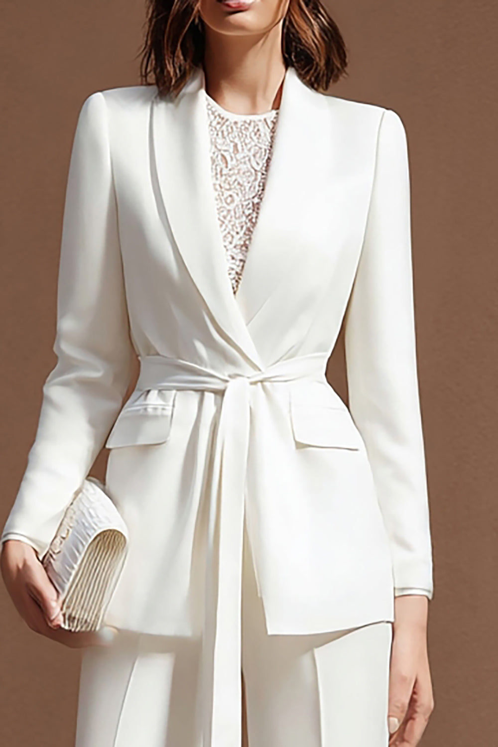 Ivory Shawl Lapel 2 Piece Wide Leg Business Suits with Sash