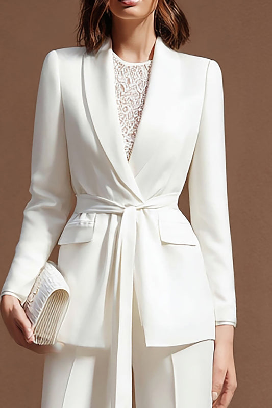 Ivory Shawl Lapel 2 Piece Wide Leg Business Suits with Sash