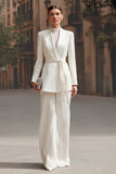 Ivory Shawl Lapel Wide Leg 2 Piece Business Suits with Sash