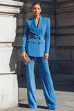Blue Shawl Lapel Double Breasted 2 Piece Business Suits