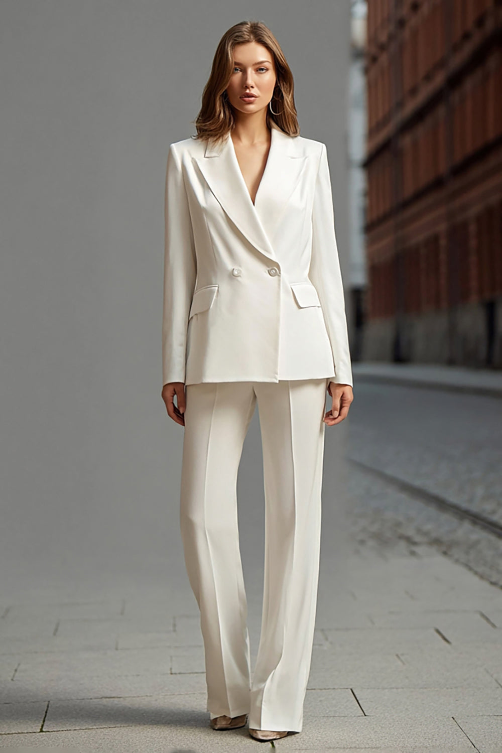 Ivory Double Breasted 2 Piece Peak Lapel Business Suits with Sleeves