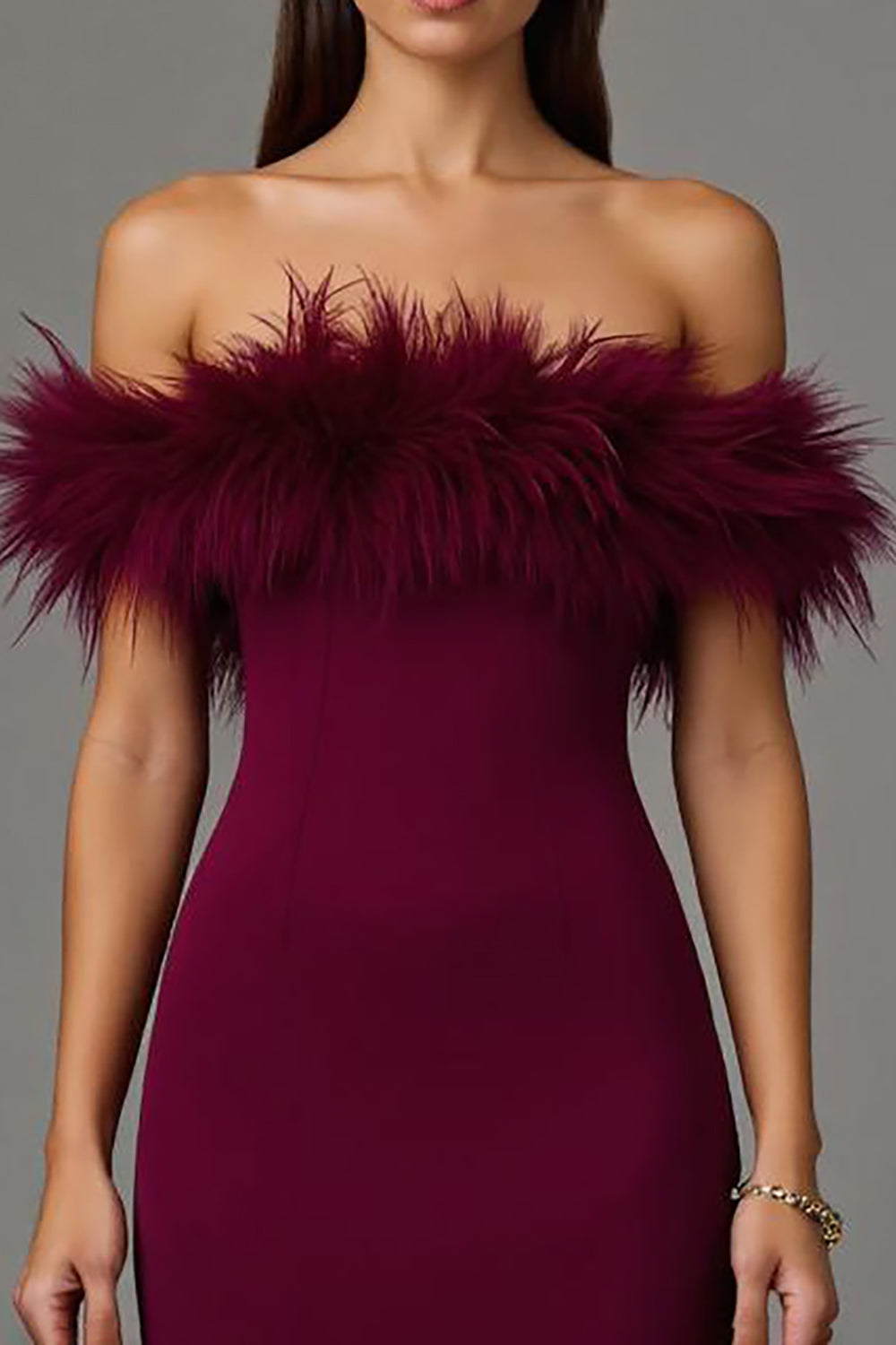 Burgundy Off the Shoulder Sheath Long Formal Dress with Feathers