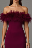 Burgundy Off the Shoulder Sheath Long Formal Dress with Feathers