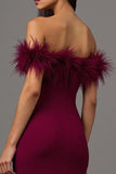 Burgundy Off the Shoulder Sheath Long Formal Dress with Feathers