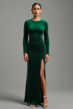 Dark Green Round Neck Velvet Long Holiday Party Dress with Slit