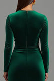 Dark Green Round Neck Velvet Long Holiday Party Dress with Slit