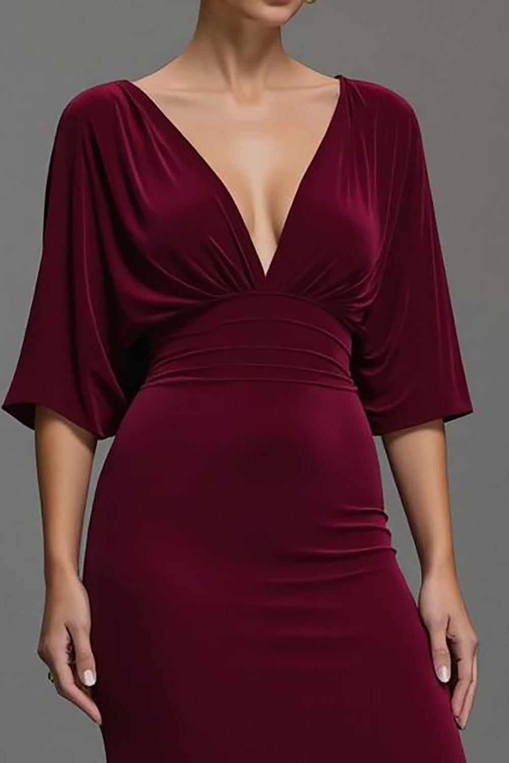 Burgundy Velvet V-Neck Long Holiday Party Dress with Sleeves