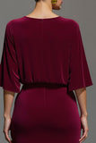 Burgundy Velvet V-Neck Long Holiday Party Dress with Sleeves