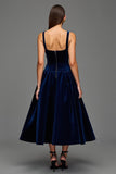 Navy A Line Velvet Square Neck Long Holiday Party Dress