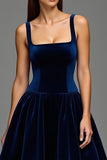 Navy A Line Velvet Square Neck Long Holiday Party Dress