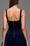 Navy A Line Velvet Square Neck Long Holiday Party Dress