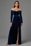 Navy Off the Shoulder Velvet Long Holiday Party Dress with Slit