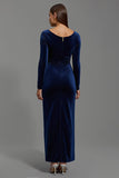 Navy Velvet Boat Neck Sheath Long Holiday Party Dress with Sleeves