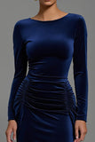 Navy Velvet Boat Neck Sheath Long Holiday Party Dress with Sleeves