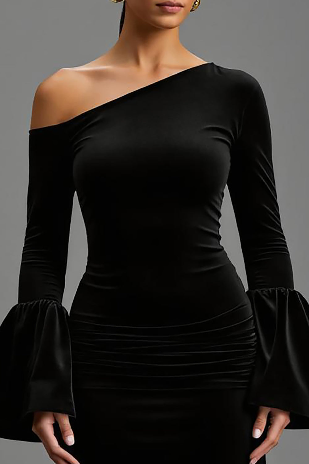 Black One Shoulder Sheath Velvet Long Holiday Party Dress