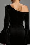 Black One Shoulder Sheath Velvet Long Holiday Party Dress