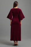Burgundy V-Neck Velvet Sheath Long Holiday Party Dress with Sleeves