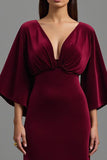Burgundy V-Neck Velvet Sheath Long Holiday Party Dress with Sleeves
