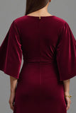 Burgundy V-Neck Velvet Sheath Long Holiday Party Dress with Sleeves