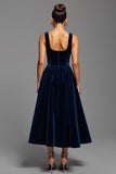 Navy Velvet A Line Square Neck Long Holiday Party Dress