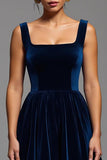 Navy Velvet A Line Square Neck Long Holiday Party Dress