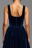 Navy Velvet A Line Square Neck Long Holiday Party Dress