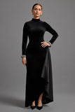 Black High Neck Velvet Long Holiday Party Dress with Sleeves