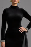 Black High Neck Velvet Long Holiday Party Dress with Sleeves