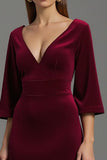 Burgundy Velvet V-Neck Half Sleeves Long Holiday Party Dress
