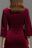 Burgundy Velvet V-Neck Half Sleeves Long Holiday Party Dress