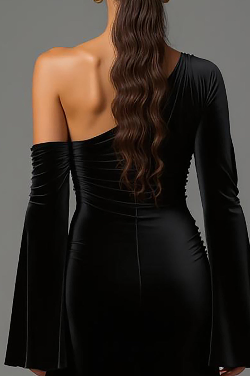 Black One Shoulder Velvet Long Sleeves Holiday Party Dress
