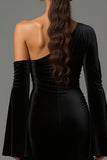 Black One Shoulder Velvet Long Sleeves Holiday Party Dress