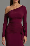 Burgundy One Shoulder Satin Long Sleeves Formal Dress
