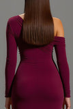 Burgundy One Shoulder Satin Long Sleeves Formal Dress