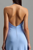 Blue Halter Satin Backless Long Formal Dress