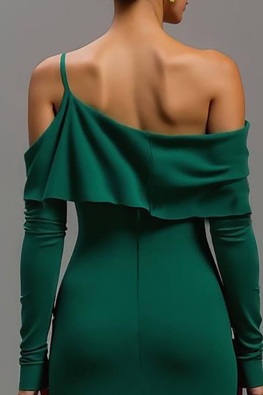 Dark Green One Shoulder High-Low Formal Dress with Sleeves