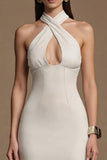 Ivory Halter Keyhole Long Satin Formal Dress