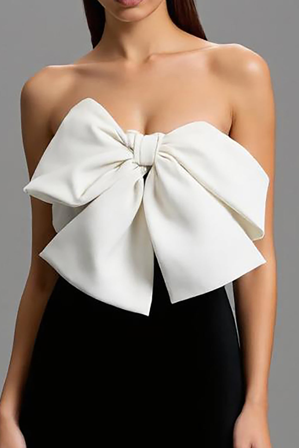 Black and White Strapless Long Satin Formal Dress with Bows
