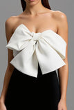 Black and White Strapless Long Satin Formal Dress with Bows