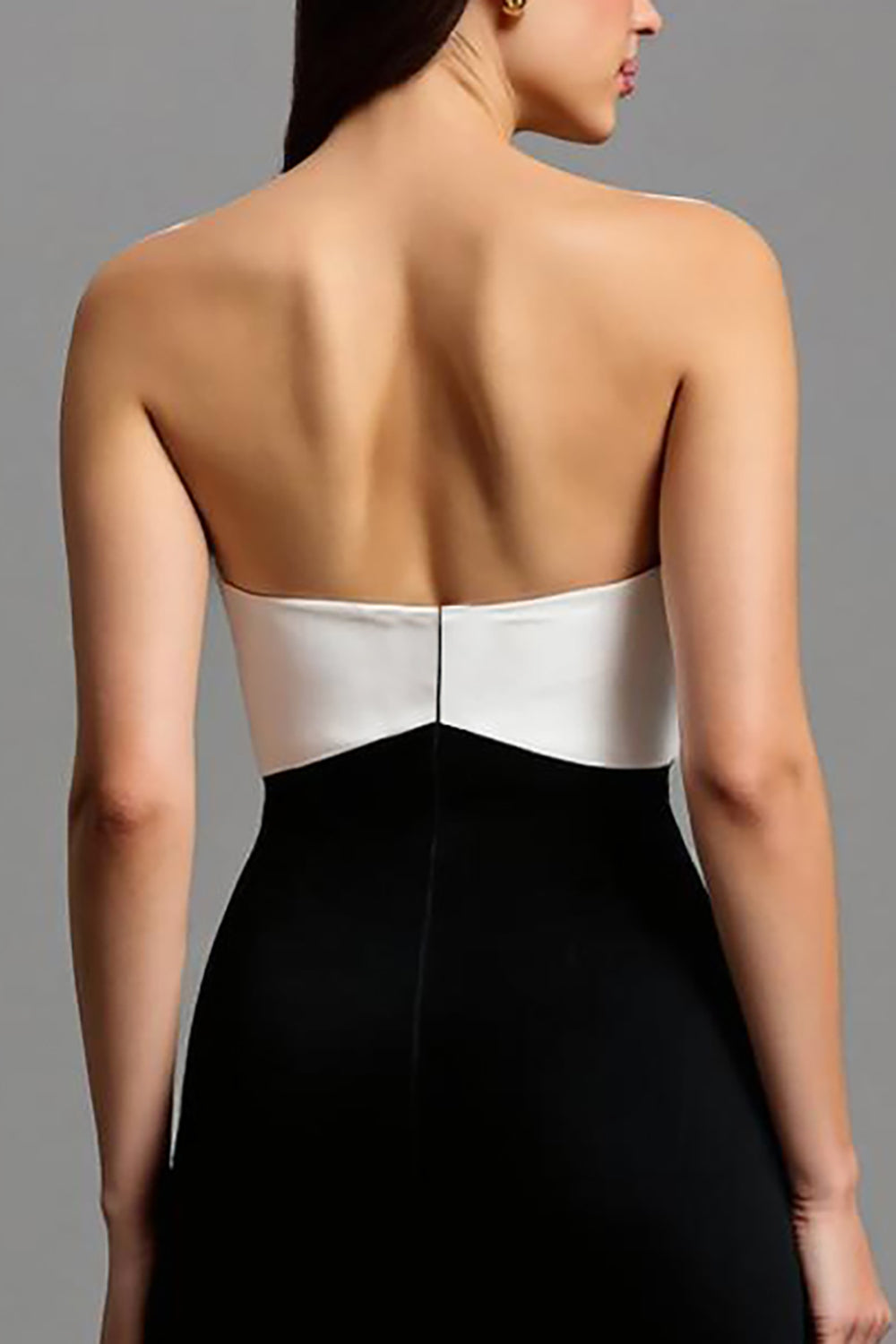 Black and White Strapless Long Satin Formal Dress with Bows