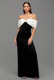 Black and White Satin Off the Shoulder Long Formal Dress