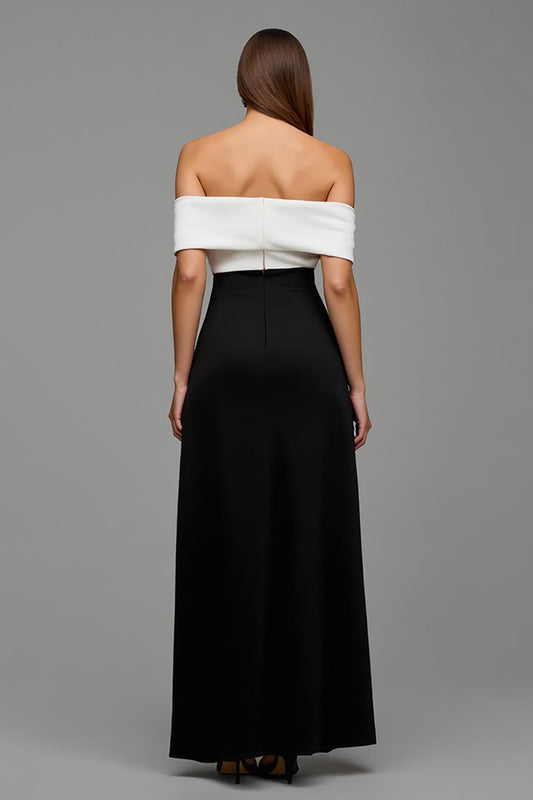 Black and White Sheath Satin Long Formal Dress with Bows